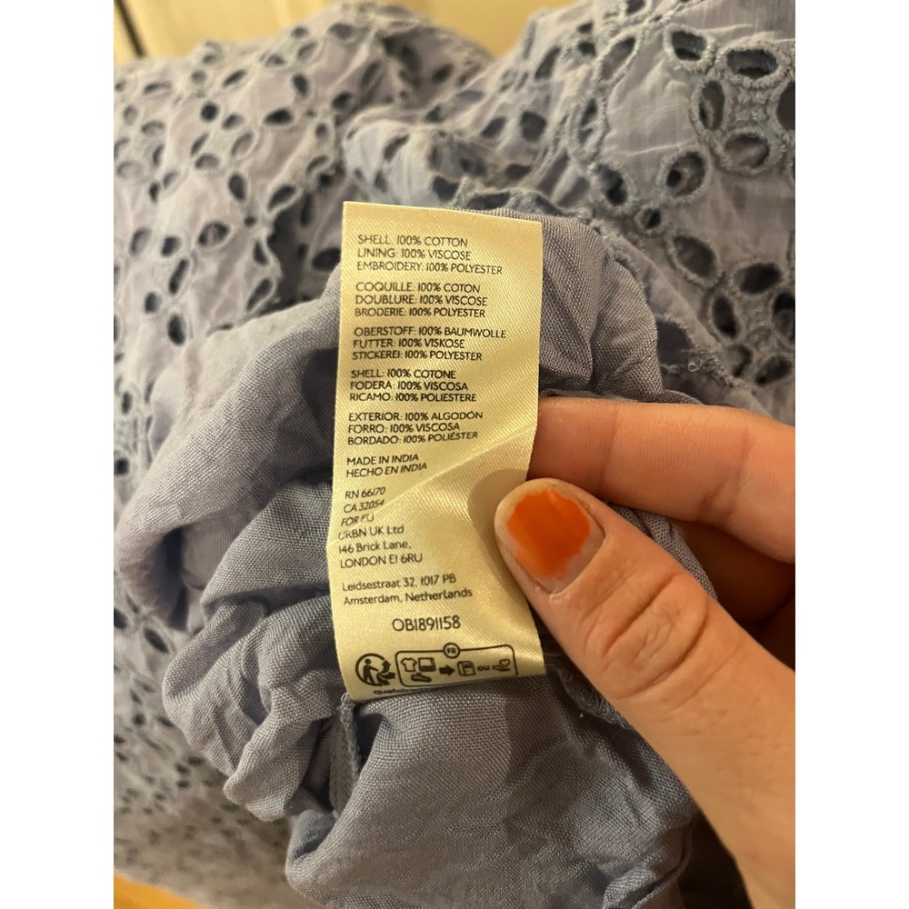 Free People Perfect Storm Madi Dress Blue Smocked Eyelet Floral Puff Sleeve - Picture 10 of 10